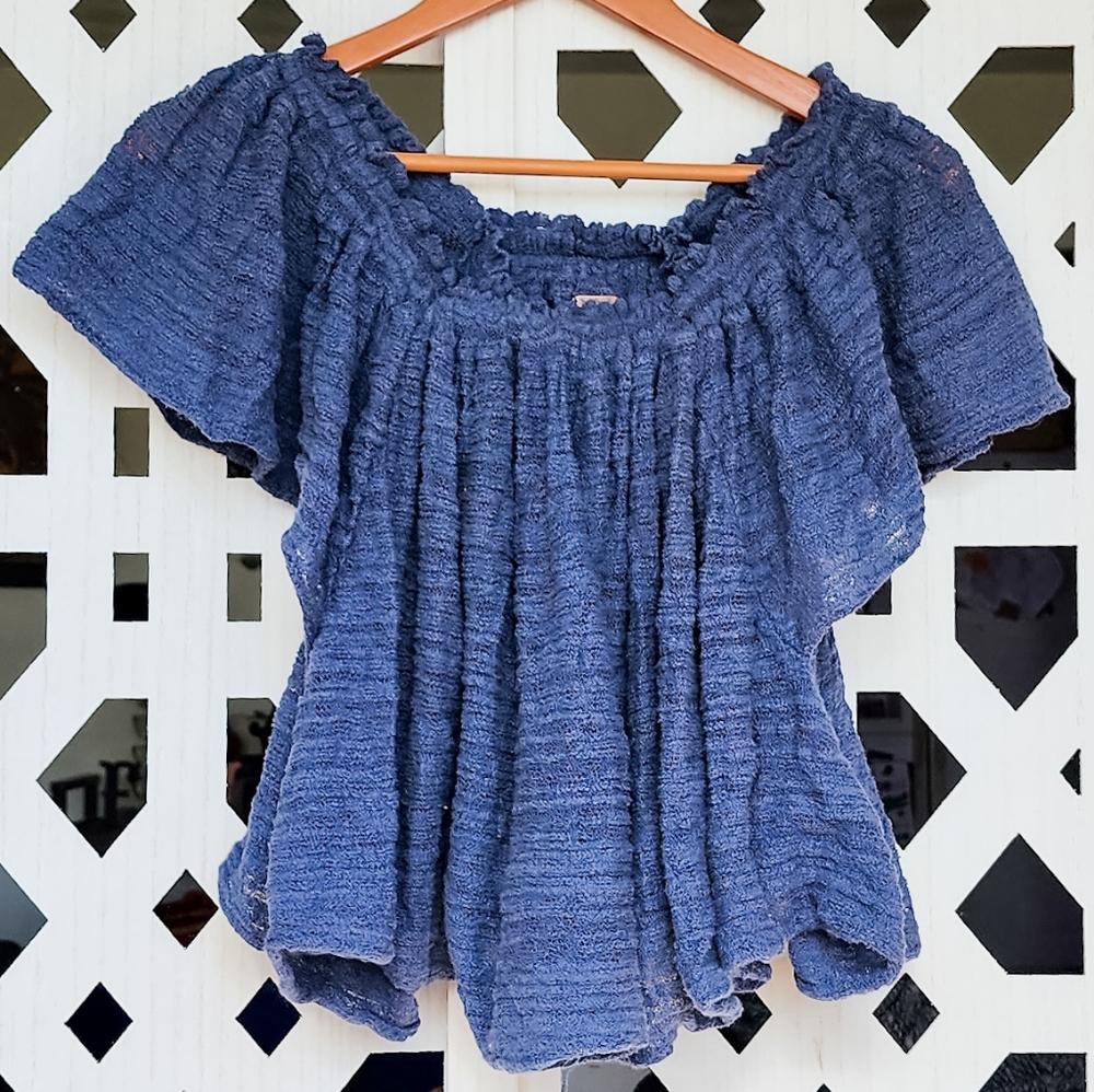 👕 Free People Off Shoulder Semi Sheer Textured Blue Blouse